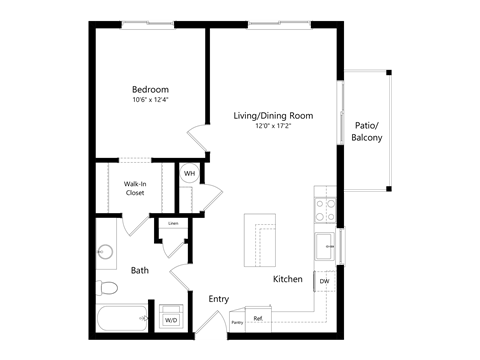 Floor plan for 1 bed, 1 bath, 719 sqft